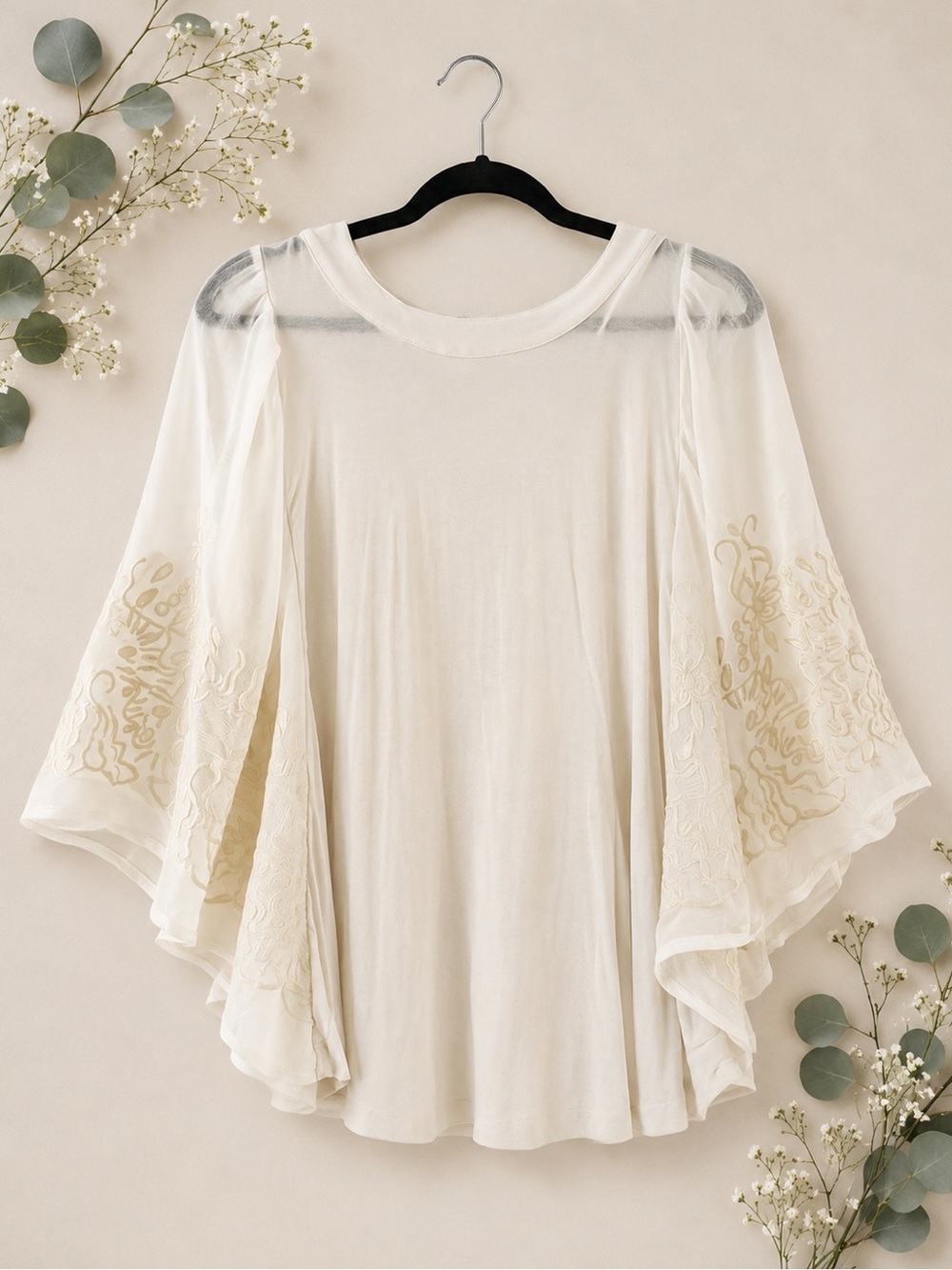 Eri + Ali by Anthropologie Embroidered Bell Sleeve Top | Boho Ivory Blouse